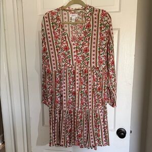 Japna Cream Floral Tiered Long Sleeve Dress with Pink and Green Accents